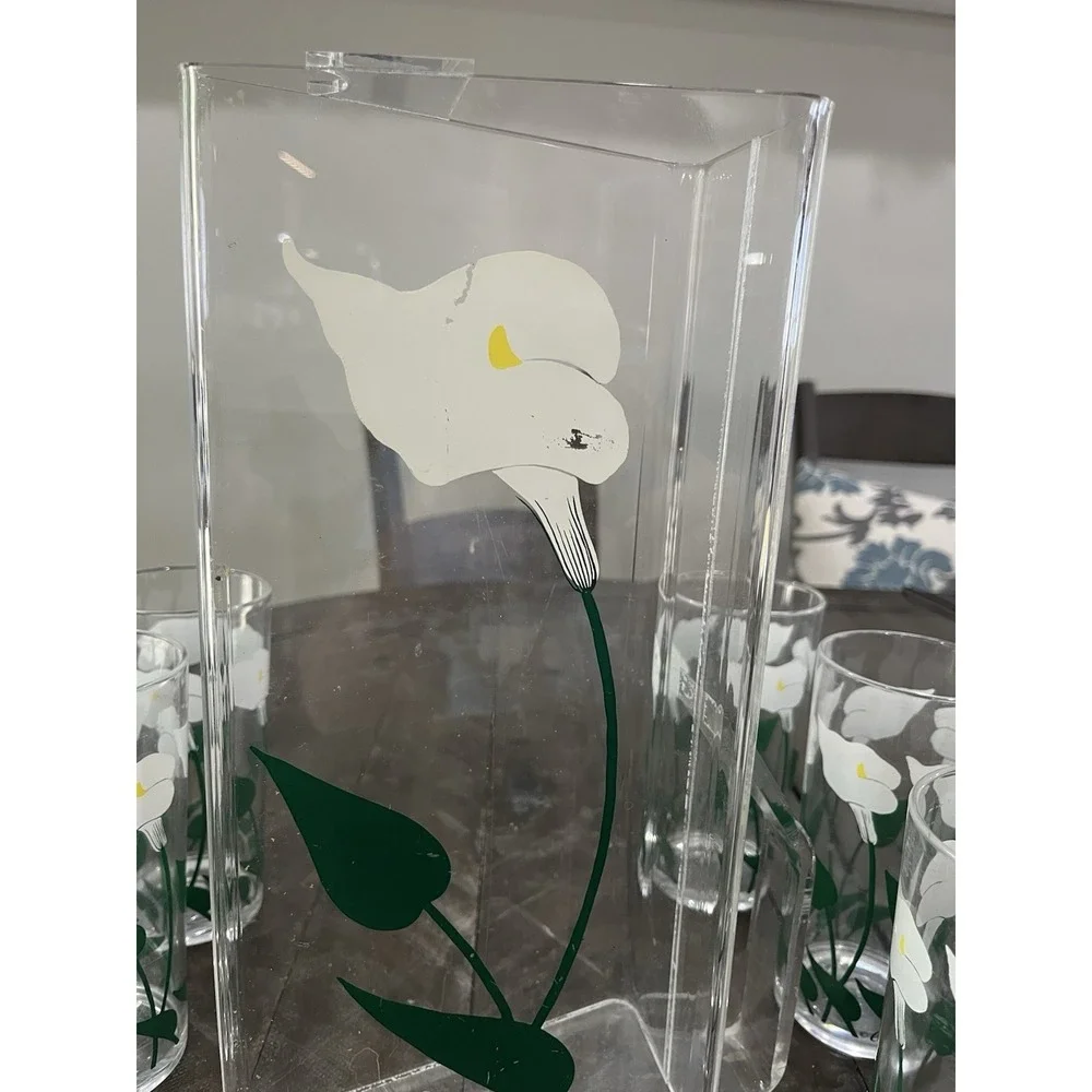 Vtg Cora‎ Acrylic Calla Lilly Pitcher 6 Cups Floral MCM